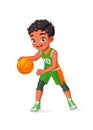 Cute little Indian boy playing basketball. Cartoon vector illustration.