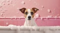 Cute little jack russell terrier puppy sitting in front of pink wall