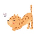 Cute Little Jaguar with Spotted Fur Catching Fly Vector Illustration