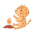 Cute Little Jaguar with Spotted Fur Warming Sitting Near Burning Fire Vector Illustration
