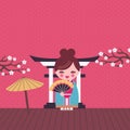 Cute little Japanese woman cartoon vector illustration. Kokeshi doll cartoon