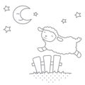Cute Little Kawaii Style Baby Sheep Jumping over PIcket Fence Night Scene with Moon Outline Vector Illustration Isolated on White