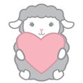Cute Little Kawaii Style Gray Baby Sheep Holding Heart Shaped Banner Vector Illustration Isolated on White
