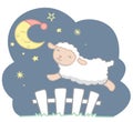 Cute Little Kawaii Style Sheep Jumping Over White Picket Fence Under the Crescent Moon with Night Cap and Stars Night Scene Dreamy