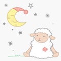 Cute Little Kawaii Style Sheep Sitting Under Moon with Night Cap and Stars Night Scene Dreamy Counting Sheep Vector Illustration