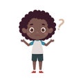 Cute little kid african girl confused with question mark. Cartoon schoolgirl character show facial expression. Vector