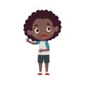 Cute little kid african girl feeling disgusted. Cartoon schoolgirl character show facial expression. Vector illustration