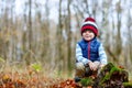 Cute little kid boy on autumn leaves background in park. Royalty Free Stock Photo