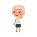 Cute little kid boy with blond hair confused. Cartoon schoolboy character show facial expression. Vector illustration