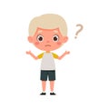 Cute little kid boy with blond hair confused with question mark. Cartoon schoolboy character show facial expression