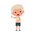 Cute little kid boy with blond hair feeling disgusted. Cartoon schoolboy character show facial expression. Vector