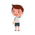 Cute little kid boy confused. Cartoon schoolboy character show facial expression. Vector illustration Royalty Free Stock Photo