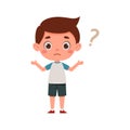 Cute little kid boy confused with question mark. Cartoon schoolboy character show facial expression. Vector illustration Royalty Free Stock Photo