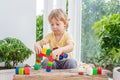 Cute little kid boy with playing with lots of colorful plastic blocks indoor. Active child having fun with building and Royalty Free Stock Photo