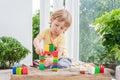 Cute little kid boy with playing with lots of colorful plastic blocks indoor. Active child having fun with building and Royalty Free Stock Photo