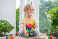 Cute little kid boy with playing with lots of colorful plastic blocks indoor. Active child having fun with building and creating o Royalty Free Stock Photo