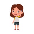 Cute little kid girl confused. Cartoon schoolgirl character show facial expression. Vector illustration