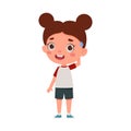 Cute little kid girl confused. Cartoon schoolgirl character show facial expression. Vector illustration