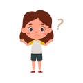 Cute little kid girl confused with question mark. Cartoon schoolgirl character show facial expression. Vector Royalty Free Stock Photo