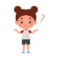 Cute little kid girl confused with question mark. Cartoon schoolgirl character show facial expression. Vector