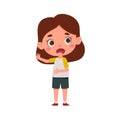 Cute little kid girl feeling disgusted. Cartoon schoolgirl character show facial expression. Vector illustration