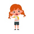 Cute little kid girl with red hair feeling disgusted. Cartoon schoolgirl character show facial expression. Vector