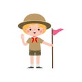 Cute little kid holding flag, boy scout or girl scout honor uniform, kids summer camp, Happy children cartoon flat character Royalty Free Stock Photo