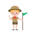 Cute little kid holding flag, boy scout or girl scout honor uniform, kids summer camp, Happy children cartoon flat character Royalty Free Stock Photo