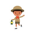 Cute little kid holding lamp, boy scout or girl scout honor uniform, kids summer camp, Happy children cartoon flat character Royalty Free Stock Photo