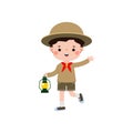 Cute little kid holding lamp, boy scout or girl scout honor uniform, kids summer camp, Happy children cartoon flat character Royalty Free Stock Photo