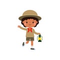 Cute little kid holding lamp, boy scout or girl scout honor uniform, kids summer camp, Happy children cartoon flat character Royalty Free Stock Photo