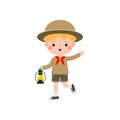 Cute little kid holding lamp, boy scout or girl scout honor uniform, kids summer camp, Happy children cartoon flat character Royalty Free Stock Photo