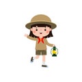 Cute little kid holding lamp, boy scout or girl scout honor uniform, kids summer camp, Happy children cartoon flat character Royalty Free Stock Photo