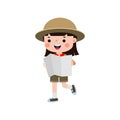 Cute little kid holding map, boy scout or girl scout honor uniform, kids summer camp, Happy children cartoon flat character Royalty Free Stock Photo