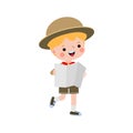 Cute little kid holding map, boy scout or girl scout honor uniform, kids summer camp, Happy children cartoon flat character Royalty Free Stock Photo