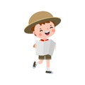 Cute little kid holding map, boy scout or girl scout honor uniform, kids summer camp, Happy children cartoon flat character Royalty Free Stock Photo