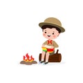 Cute little kid playing bongo drums, boy scout or girl scout sitting on a log by the campfire, Happy kids summer camp Royalty Free Stock Photo