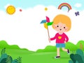 cute little kid playing with a colorful windmill toy flat style child playing, Template for advertising cartoon character design Royalty Free Stock Photo