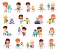 Cute Little Kid Programming and Creating Smart Robot Big Vector Set Royalty Free Stock Photo