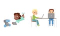 Cute Little Kid Programming and Creating Smart Robot Vector Set