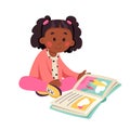 Cute little kid reading book, happy curious preschool girl character sitting on floor