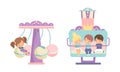 Cute Little Kid Riding Carousel in Amusement Park Vector Set Royalty Free Stock Photo