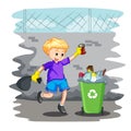 Cute little boy throwing Garbage in the Trash Bin Vector illustration