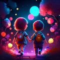 Cute little kids, boy and girl, standing in front of night city landscape, vector illustration Generative AI Royalty Free Stock Photo