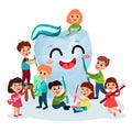 Cute little kids cleaning giant white smiing tooth using toothbrush, oral hygiene for children vector Illustrations