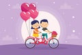 Cute little kids couple lovers in bicycle with balloons helium