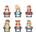 Cute Little Kids in 3D Glasses Watching Movie in Cinema Sitting on Chair with Popcorn Vector Set