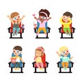Cute Little Kids in 3D Glasses Watching Movie in Cinema Sitting on Chair with Popcorn Vector Set