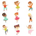 Cute little kids dancing set, modern and classical dance performed by children vector Illustrations on a white Royalty Free Stock Photo