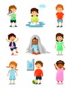 Cute little kids with different emotions set, thinking, happy, scared, angry, crying and sleepy boys and girls vector